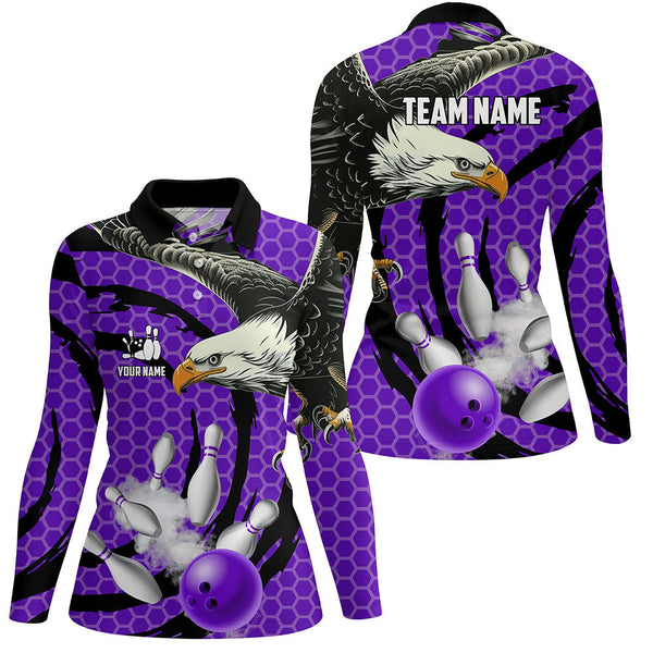 Eagle bowling ball and pins Purple camo custom Womens Bowling Polo Shirts, team ladies bowling jerseys NQS7515