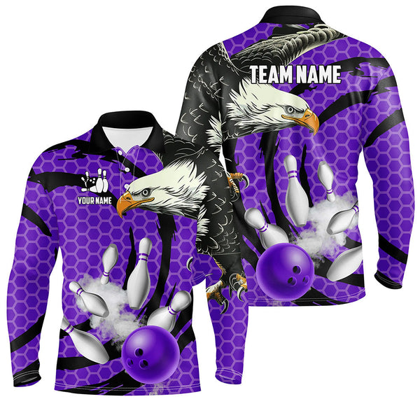 Eagle bowling ball and pins Purple camo custom Men Bowling Polo Shirts, team mens bowling jersey NQS7515
