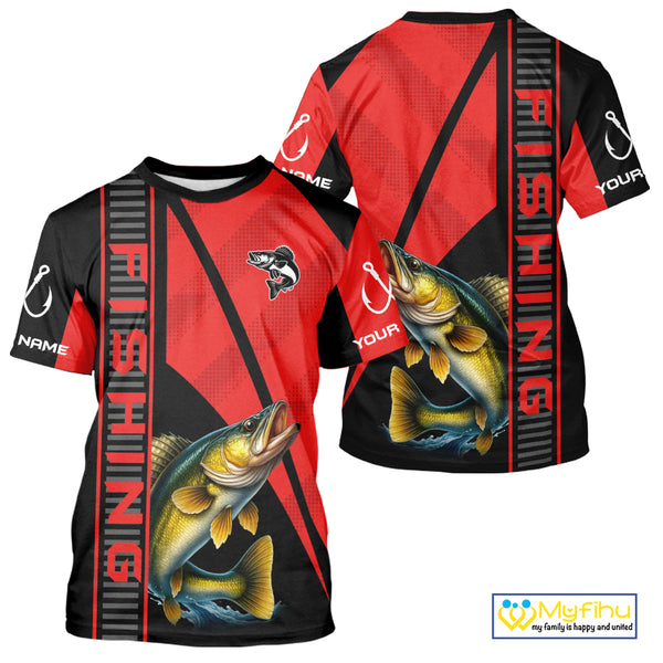 Black and red Walleye Fishing Custom UV protection Long sleeve fishing shirts For Men, Women NQS10161