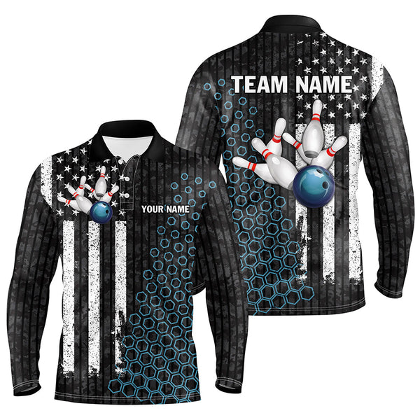 Black white American flag Men bowling Polo, Quarter Zip shirts Custom camo Bowling Team Jerseys | Blue NQS8531