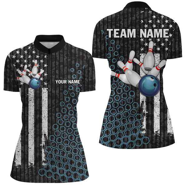 Black white American flag Women bowling Polo, Quarter Zip shirt Custom camo Bowling Team Jersey | Blue NQS8531