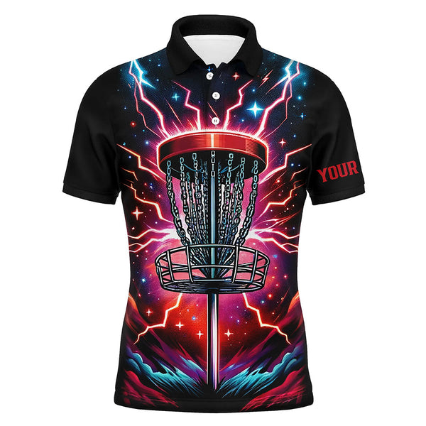 Mens Disc golf polo shirts custom red lightning thunder disc golf jerseys, disc golf outfit NQS7332