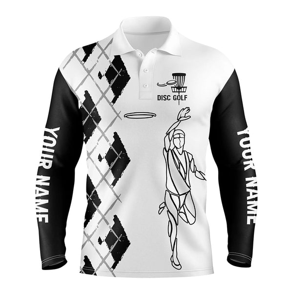 Black and white Mens disc golf polo shirt Custom name Disc Golfer shirt, gift for Disc golf lovers NQS5315