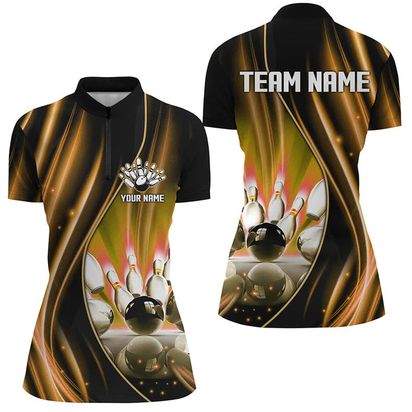 Orange and black light Women Polo, 1/4 Quarter Zip Shirt Custom bowling team jerseys, gift for bowlers NQS8097