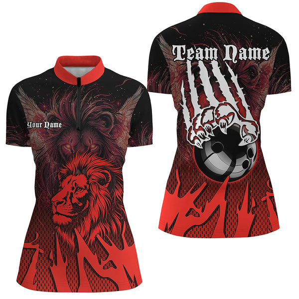 Black and Red Lion Bowling Polo, Quarter Zip Shirts For Women Custom Team Lion Bowling Jerseys NQS9598
