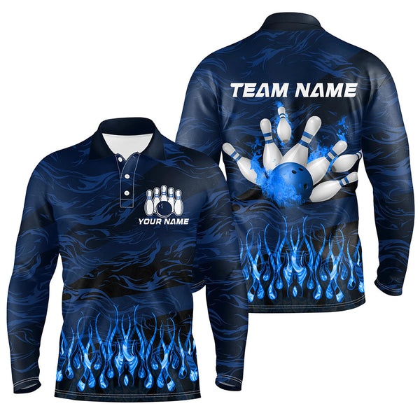 Bowling polo, quarter zip shirts for men Custom Blue camo Flame Bowling Team League Jerseys NQS8548
