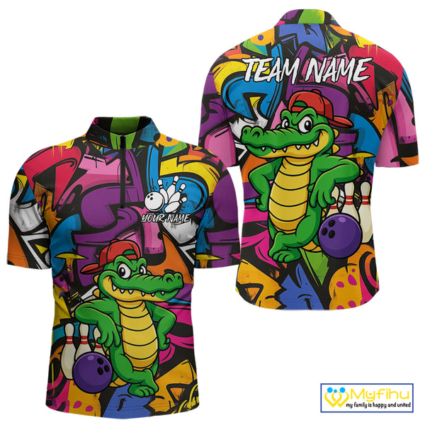 Funny Colorful Graffiti Pattern Alligator Bowling shirts for Men Custom Team bowling league jersey NQS10733