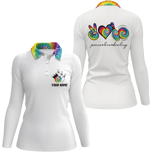 Colorful tie dye peace love bowling custom white Bowling Polo shirt for women, team bowling shirts NQS6693