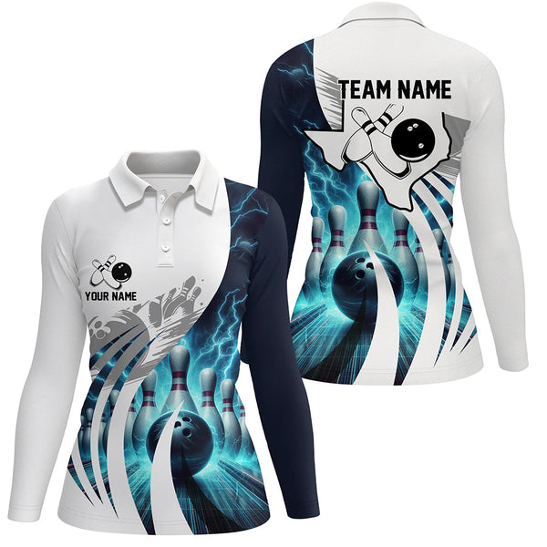 Blue lightning thunder Women Bowling Polo Shirts Custom Texas Team league Jerseys, gifts for bowlers NQS7074