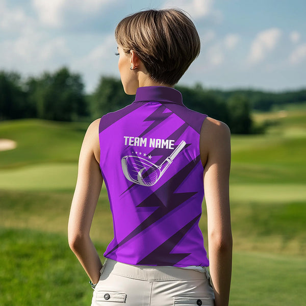 Women sleeveless polo shirt purple lightning custom name and team name golf shirt, golfing gifts NQS9429