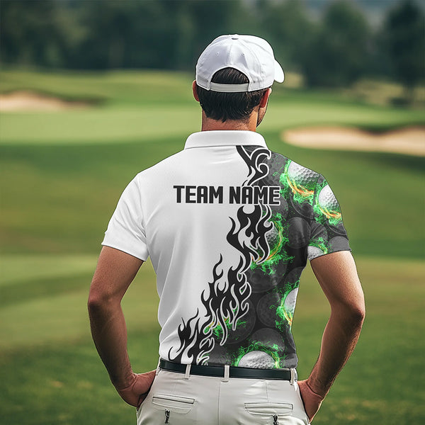 Green Flame Golf Ball pattern fire Black and White Mens golf polos shirts custom golf attire for men NQS9435