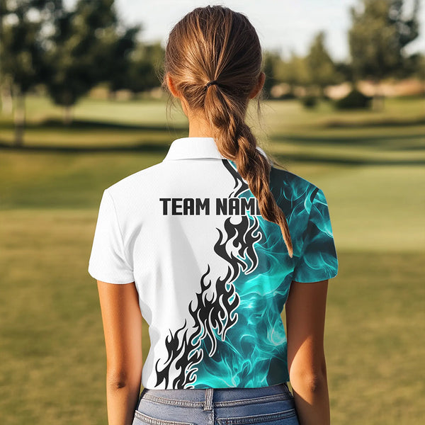 Blue Turquoise Flame pattern Black and White Womens golf polos shirts custom golf attire for women NQS9436