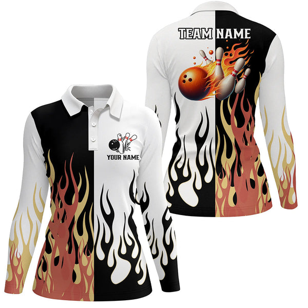 Black and white Women bowling polo shirts Custom flame bowling Team Jerseys, womens bowling shirts NQS7351