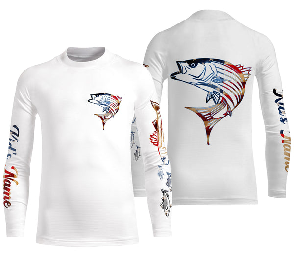 Striped Bass fishing American flag Custom Name sun protection custom fishing shirts for men, women,kid NQS3264