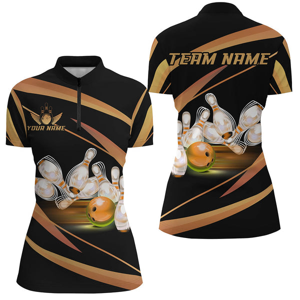 Personalized Black And Gold Bowling Shirts For Women, Custom Team Bowling League Jerseys NQS8347