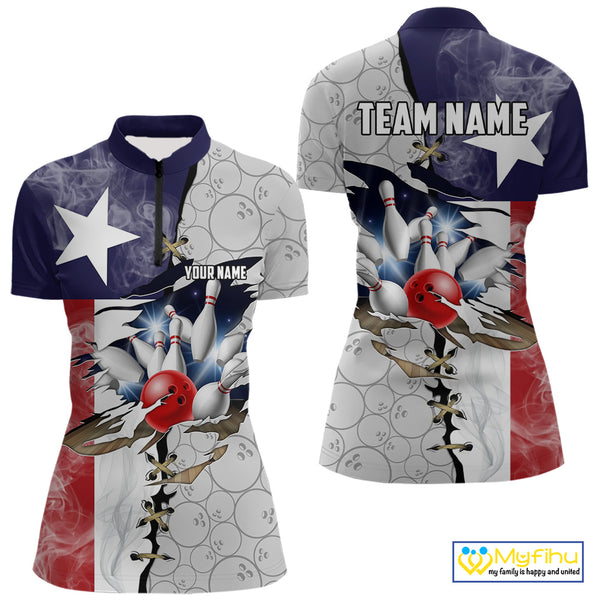 Smoke Texas Flag Gray Camo Bowling Polo, 1/4 Zip shirt for Women Custom patriotic Team bowling jersey NQS10532