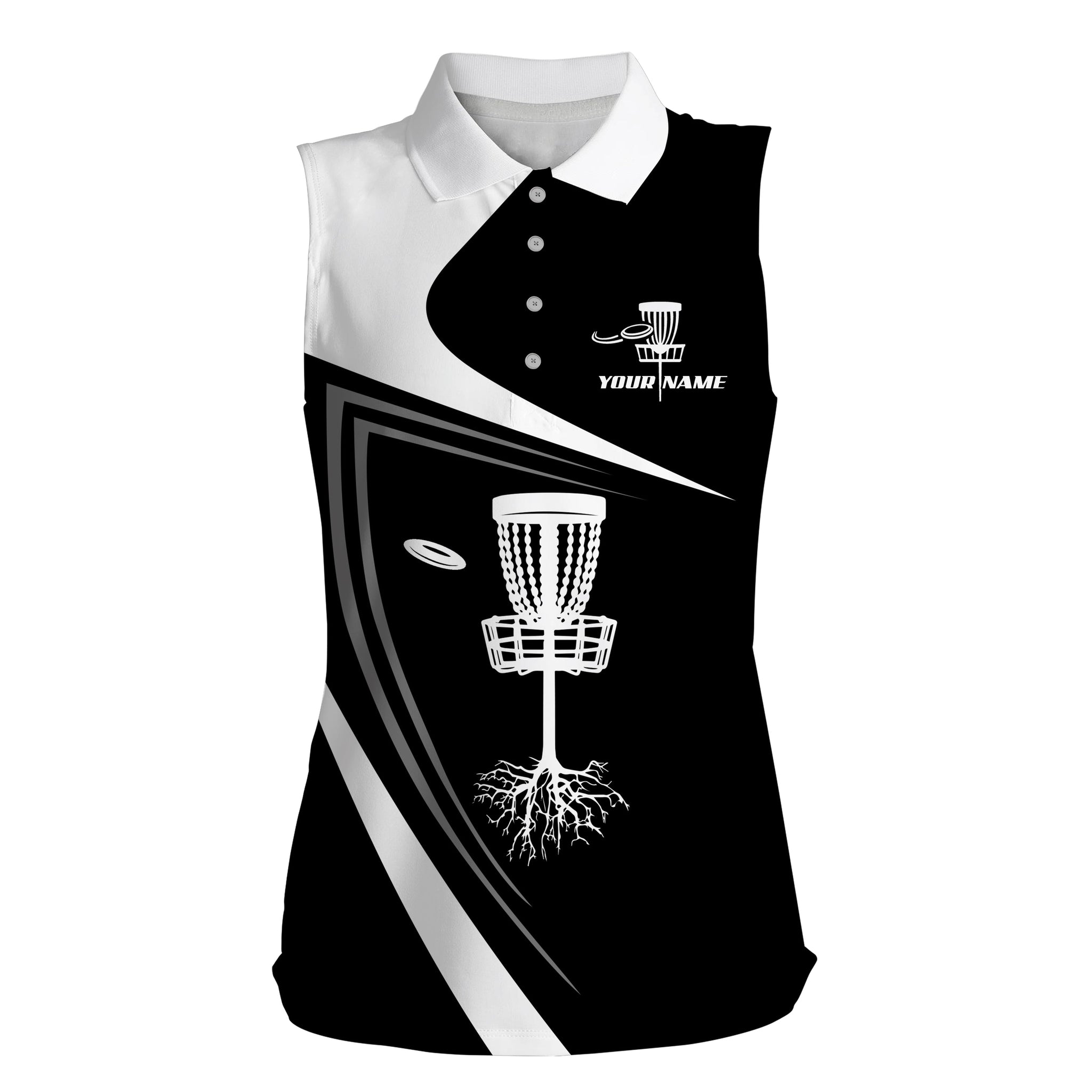 Womens disc golf sleeveless polo shirt custom name black white disc golf basket NQS4426