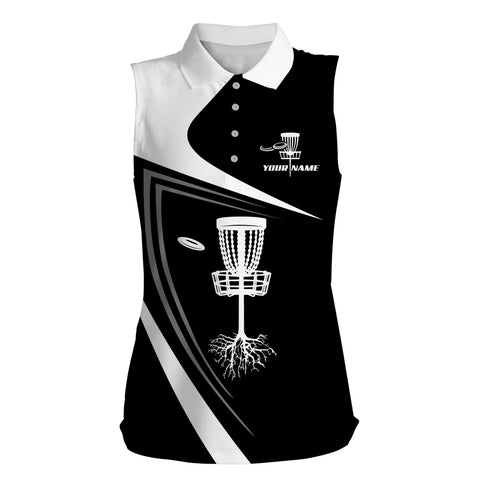 Womens disc golf sleeveless polo shirt custom name black white disc golf basket NQS4426