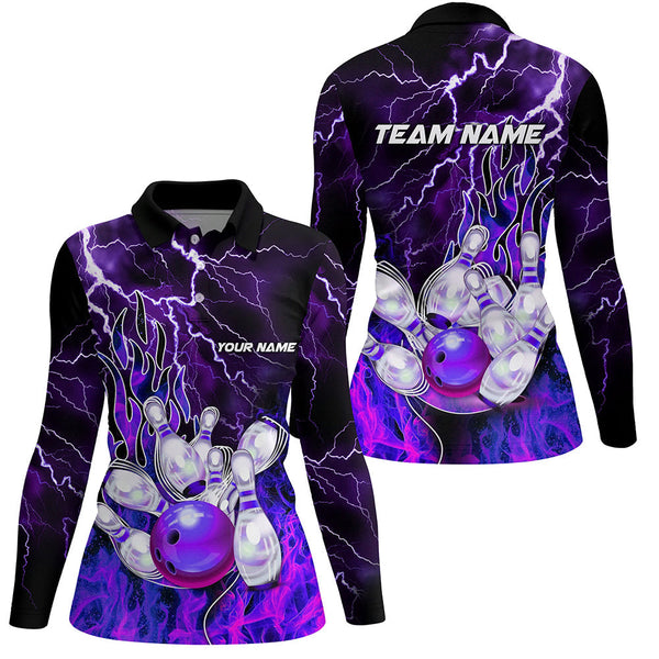 Women Bowling Polo Shirts Custom purple lightning thunder Bowling Team Jersey, gift for team Bowlers NQS7079