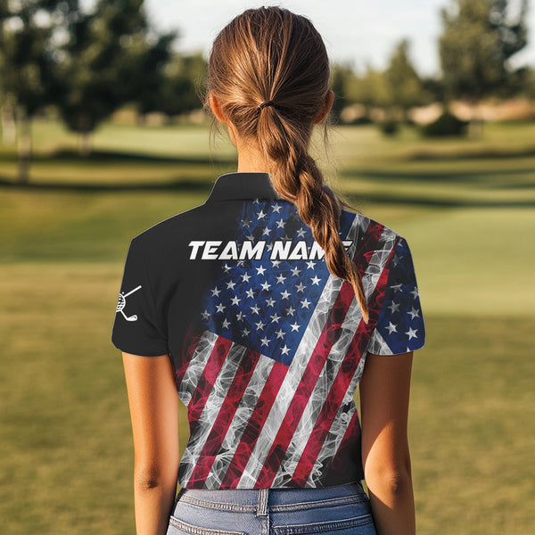 Smoke American Flag Black Golf Polo shirt for Women Custom patriotic Team golf uniform jersey NQS9780