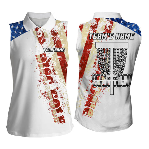 American flag patriotic Womens sleeveless polo shirt custom team disc golf basket shirts | White NQS5570
