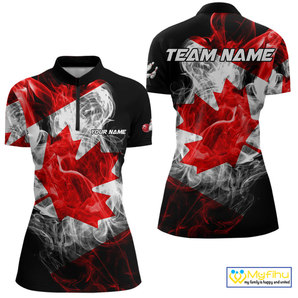 Smoke Canadian Flag Black Bowling Polo, 1/4 Zip shirt for Women Custom patriotic Team bowling jersey NQS10323