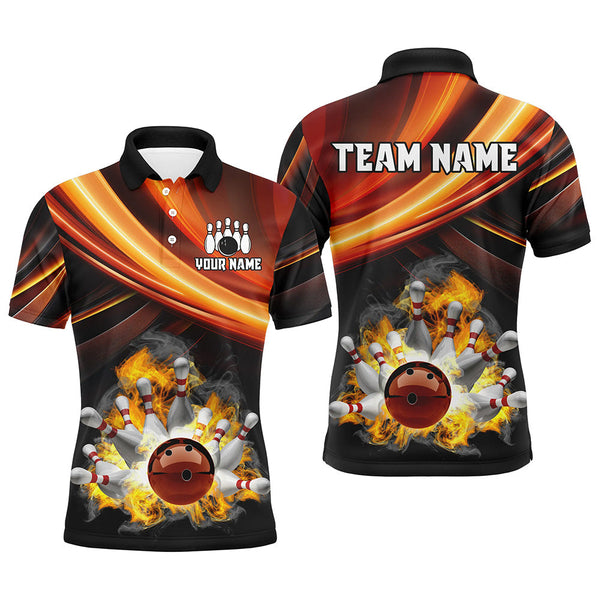 Personalized Black and Orange Smoke Flame Bowling Polo, 1/4 Zip Shirts For Men, cool bowling jerseys NQS8359