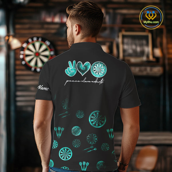 Personalized Turquoise Black Camo Darts Shirts For Men Custom Peace Love Darts Team Jerseys NQS10542