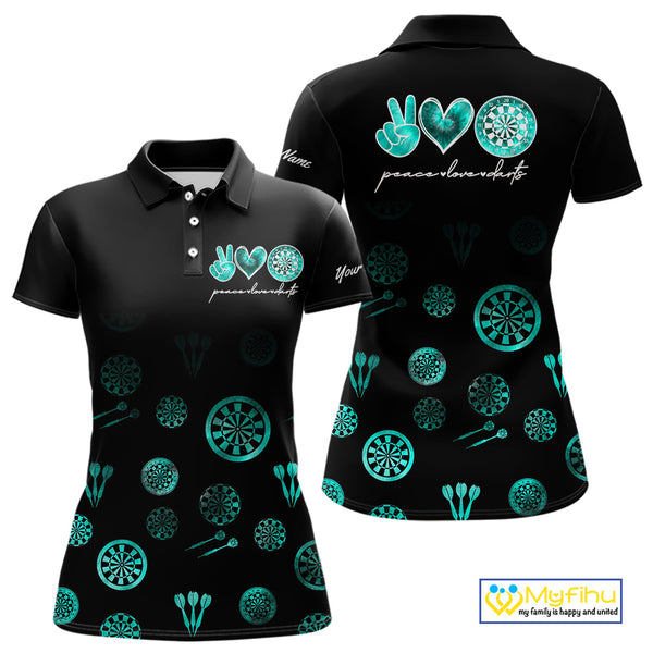 Personalized Turquoise Black Camo Darts Shirts For Women Custom Peace Love Darts Team Jerseys NQS10542