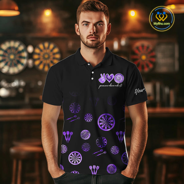 Personalized Purple and Black Camo Darts Shirts For Men Custom Peace Love Darts Team Jerseys NQS10543