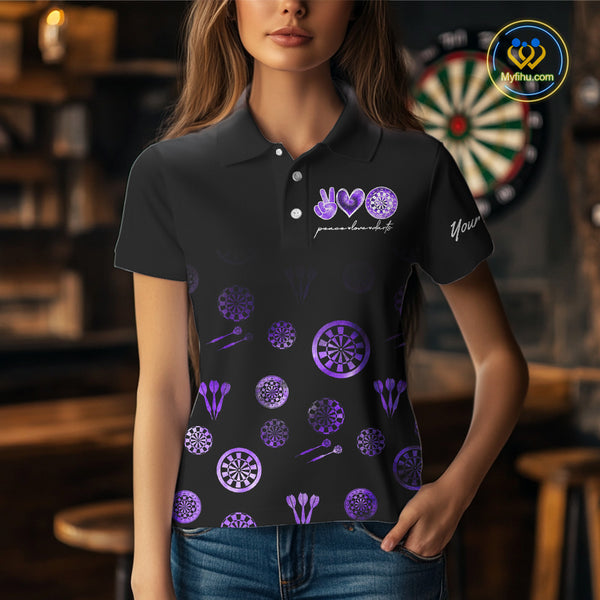 Personalized Purple and Black Camo Darts Shirts For Women Custom Peace Love Darts Team Jerseys NQS10543