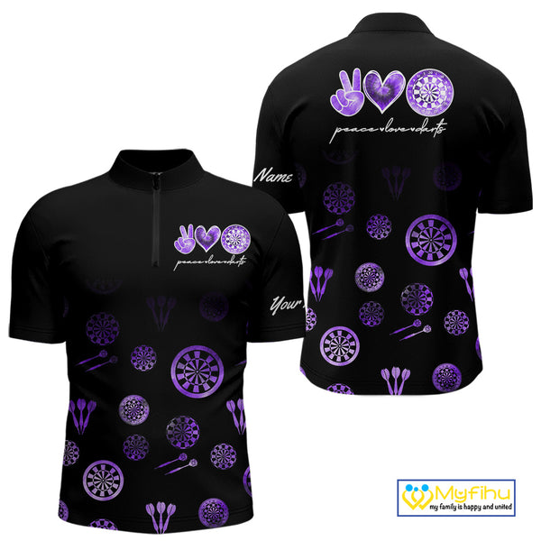 Personalized Purple and Black Camo Darts Shirts For Men Custom Peace Love Darts Team Jerseys NQS10543