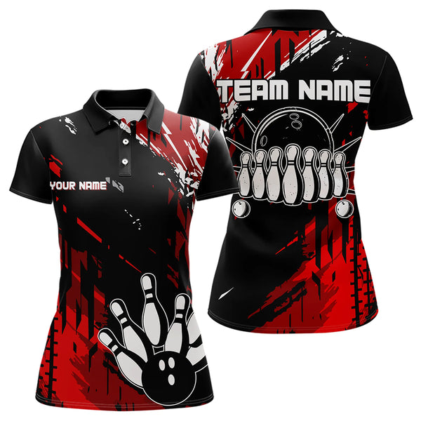 Black and Red Womens bowling shirts Custom retro bowling ball and pins bowling team league jerseys NQS9454