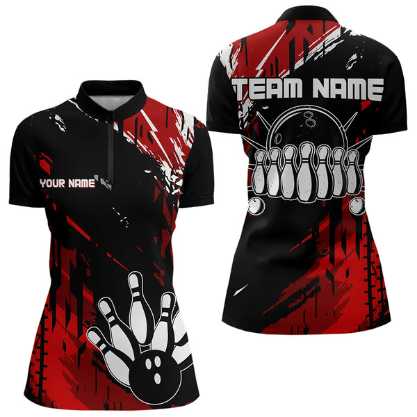 Black and Red Womens bowling shirts Custom retro bowling ball and pins bowling team league jerseys NQS9454