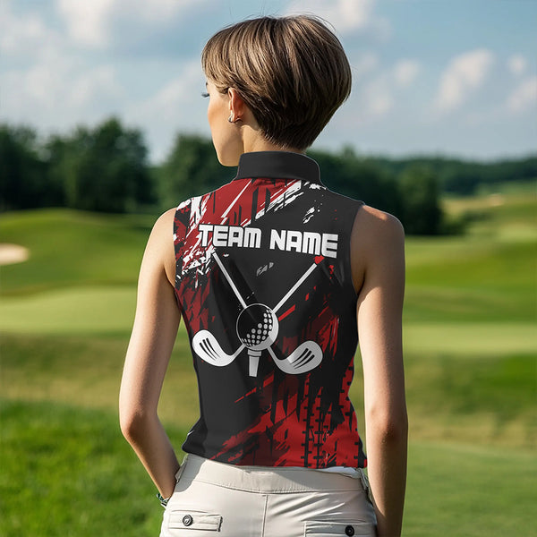 Black and Red Womens Golf Sleeveless Polo Shirts Custom retro golf ball clubs golf team league jerseys NQS9455