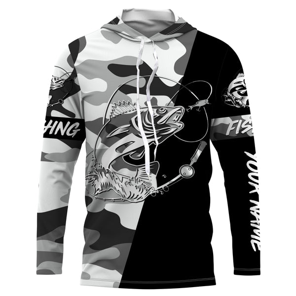 Ice fishing walleye winter camo custom name sun protection long sleeve fishing shirts, walleye jerseys NQS3838