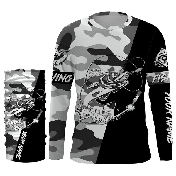 Ice fishing walleye winter camo custom name sun protection long sleeve fishing shirts, walleye jerseys NQS3838