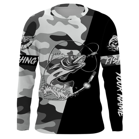 Ice fishing walleye winter camo custom name sun protection long sleeve fishing shirts, walleye jerseys NQS3838