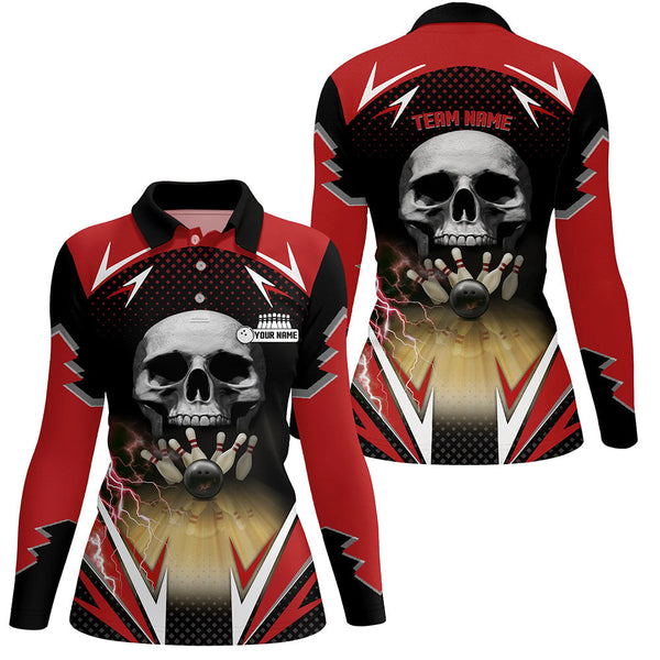 Red and black Bowling skull polo shirts for womens custom Bowling ball pins Team League Jerseys NQS6251