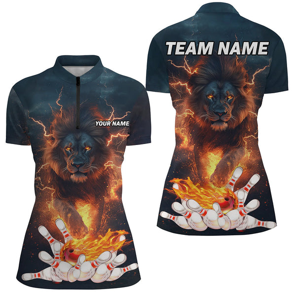 Lightning thunder storm Lion Flame Bowling Polo, 1/4 Zip Shirt For Women Custom Bowling Team Jersey NQS8567