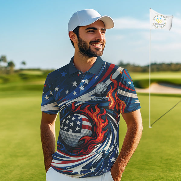 American Flag pattern Flame golf ball Mens Golf polo shirts Custom patriotic Golf Outfit For Mens NQS10038