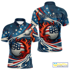 American Flag pattern Flame golf ball Mens Golf polo shirts Custom patriotic Golf Outfit For Mens NQS10038