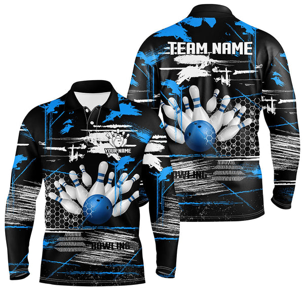 Mens Bowling polo shirts Custom black and blue retro Bowling Team league Jerseys, gifts for bowlers NQS7100