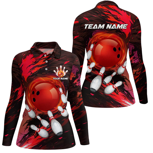 Women bowling polo shirts Custom red light camo Bowling Team league Jerseys, bowling gifts for bowlers NQS7379