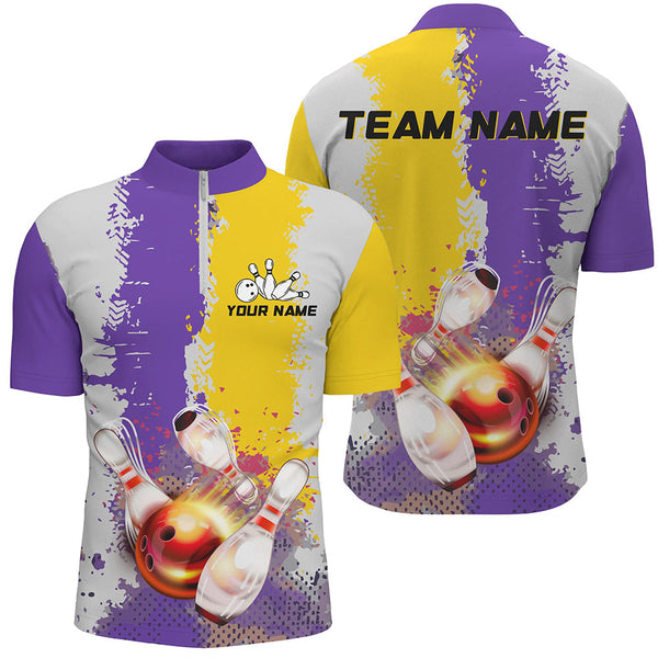 Yellow and Purple Camo Bowling Polo, 1/4 zip shirts Custom Team Men Bowling jerseys NQS8157