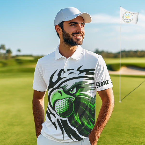 Mens golf polo shirts custom Green Eagle golf ball white golf tops, team golf attire for mens NQS10554