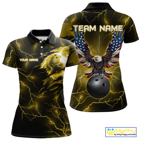 Yellow lightning thunder bowling American flag Eagle custom Womens Bowling Polo, Quarter Zip Shirts NQS10557