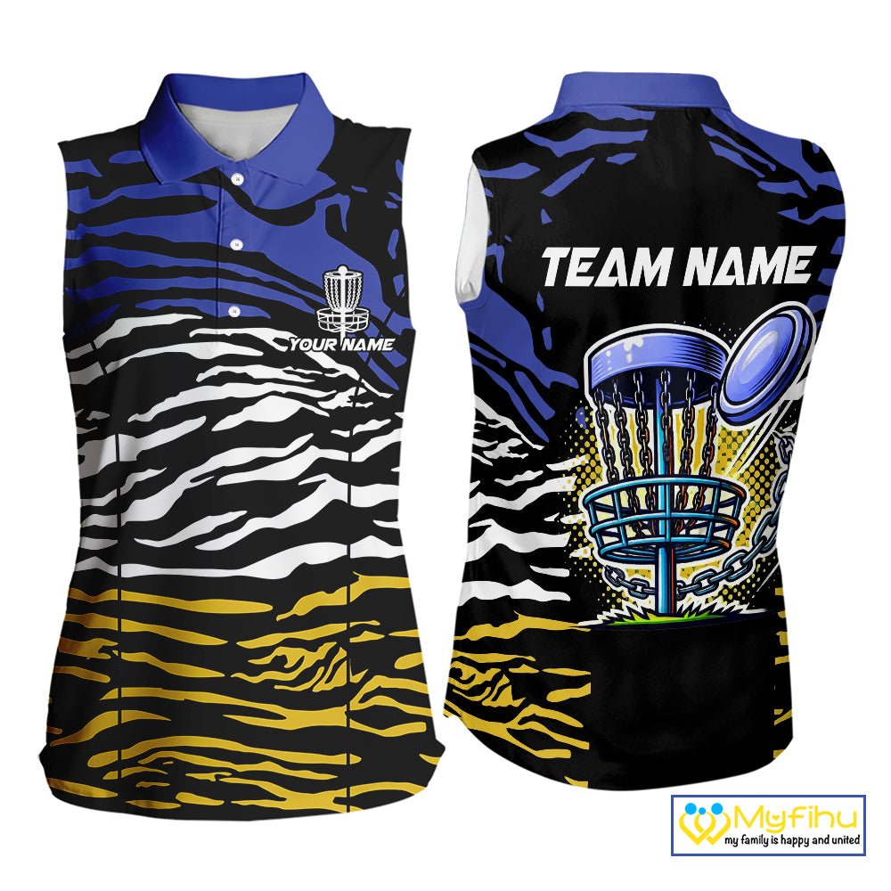 Blue, Yellow and White Tiger Skin Pattern Womens sleeveless polo shirt Custom team disc golf jerseys NQS9804
