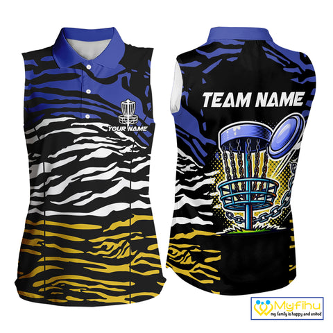 Blue, Yellow and White Tiger Skin Pattern Womens sleeveless polo shirt Custom team disc golf jerseys NQS9804