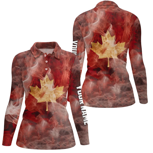 Women golf polo shirts custom smoke Canadian flag patriotic golf tops for ladies, golf gifts for women NQS6486